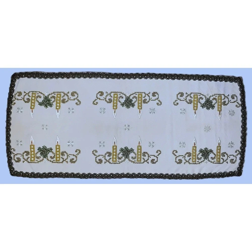 Holiday Xmas Candles Snowflakes Needlework Wool Runner Vtg / Antique 18x42